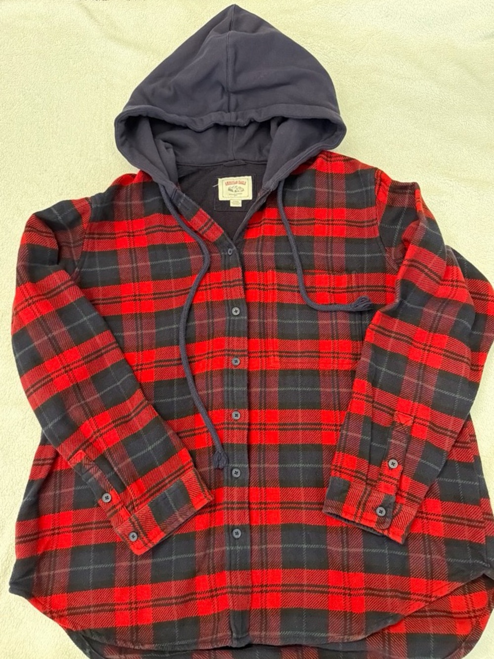 American Eagle Red Black Plaid Flannel Hoodie | Men’s Medium | Grunge Y2K